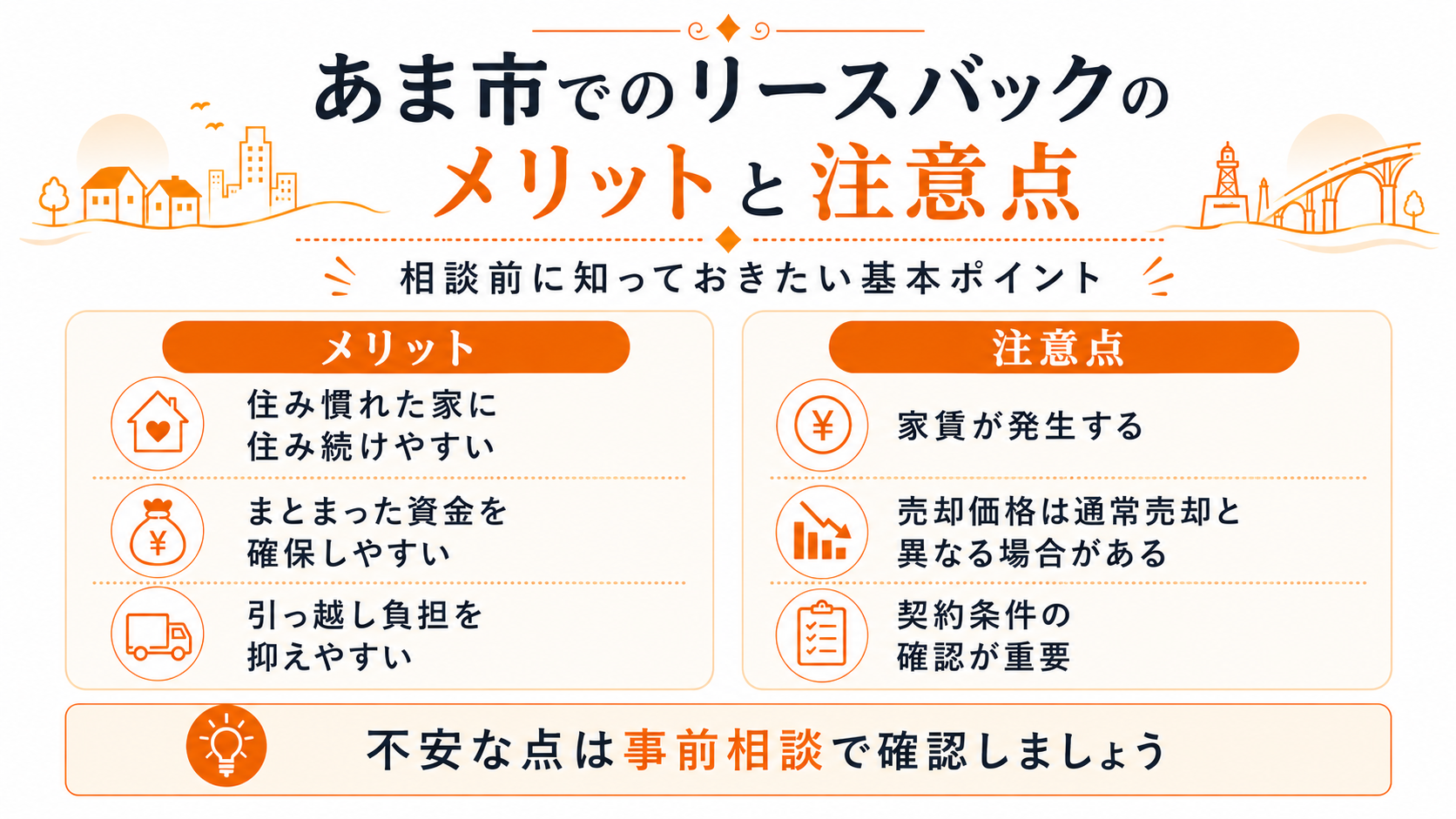 あま市でのリースバックのメリットと注意点を比較した図解