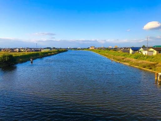 川沿いの堤防と住宅が見える風景