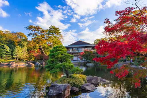 紅葉に彩られた日本庭園