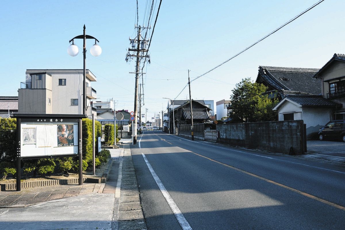 津島市の寺院や住宅に面した道路の風景